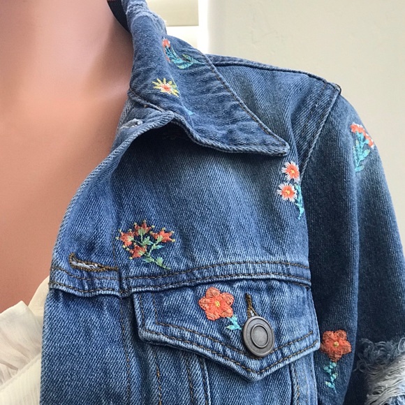 Distressed Denim Jacket Floral Embroidered Detail - Picture 2 of 16